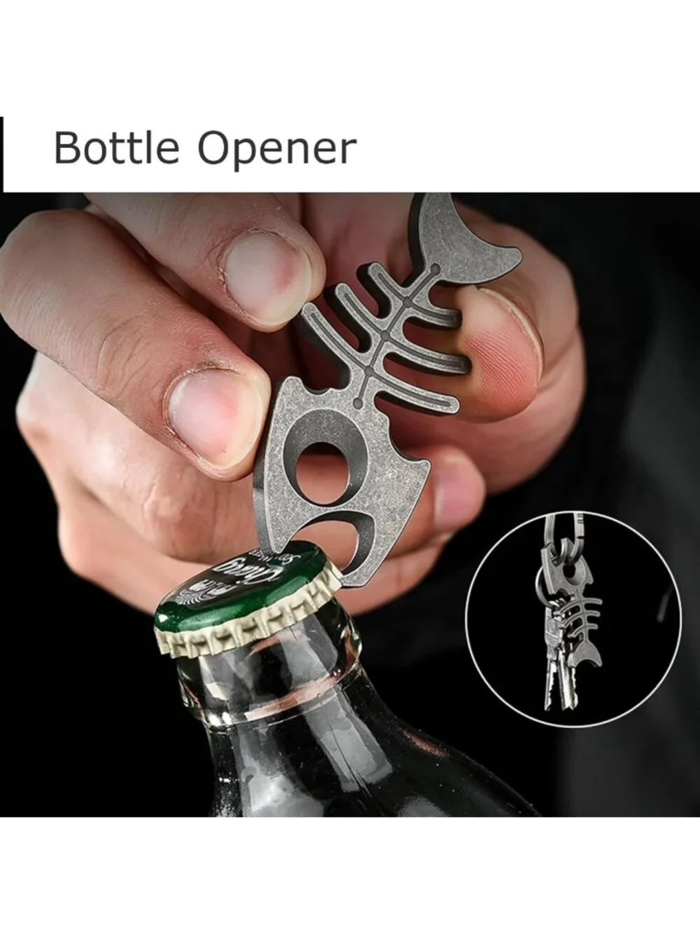 Titanium Fishbone Keychain Bottle Opener with Stainless Steel Ring - EDC Tool